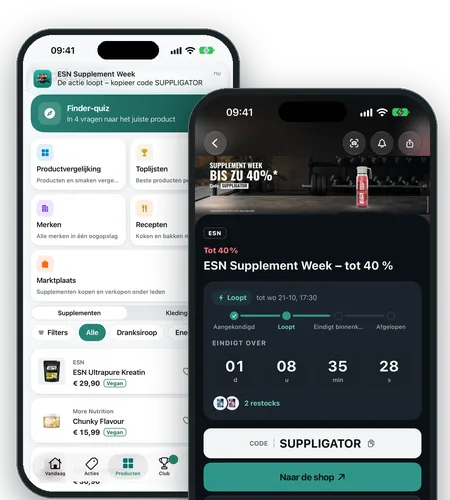 De Suppligator-app op iPhone: melding bij de start van een actie en een lopende actie met live-countdown en code SUPPLIGATOR