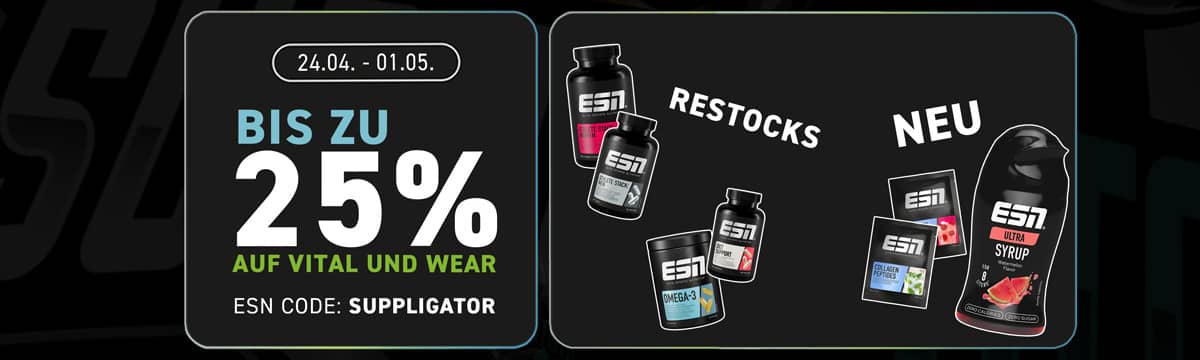 20% korting tijdens de ESN-actie op voedingssupplementen + 25% op ESN-kleding