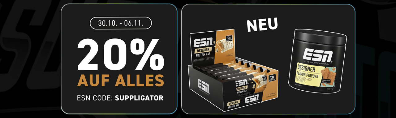 20% korting op alles bij ESN + lancering van de nieuwe Designer Bar Cinnamon Cereal