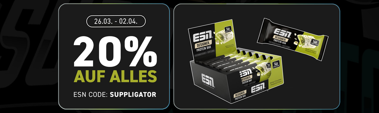 20% korting op alles bij ESN + lancering van de nieuwe Designer Bars White Chocolate Pistachio