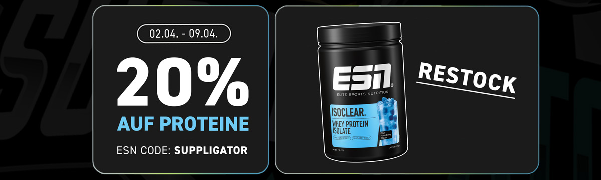 20% korting op alle eiwitten bij ESN + ISOCLEAR Restock